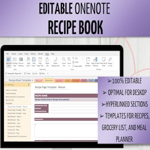 Livre de recettes numérique, modèle de livre de recettes OneNote, 100 % modifiable et personnalisable, ordinateur de bureau, Windows, tablette, iPad