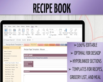 May include: A digital recipe book template displayed on a laptop screen. The screen shows a mauve-colored recipe page template with fields for recipe name, preparation time, and ingredients. Text on the screen reads "100% Editable" and "Templates for Recipes."