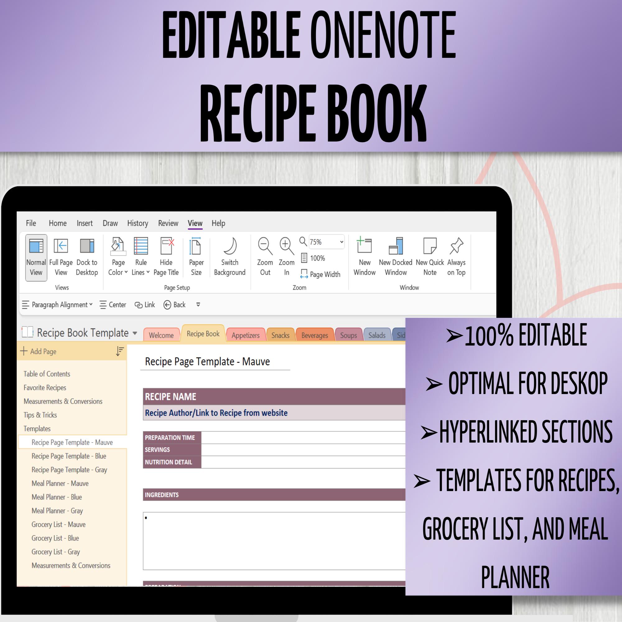 デジタルレシピブック、OneNote レシピブックテンプレート、100% 編集可能 & カスタマイズ可能、デスクトップ、Windows、タブレット、iPad