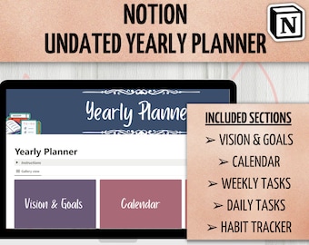 Yearly Planner Notion Template, Undated Notion Planner Template, Notion Digital Planner, Notion Habit Tracker