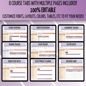 May include: Eight digital tabs for a student planner, each with a different purpose: Course Overview, Semester Overview, Assignment Tracker, Reading Tracker, Book/Study Notes, Exam Tracker, Lecture Notes, and Document Drop. The tabs are customizable and editable.