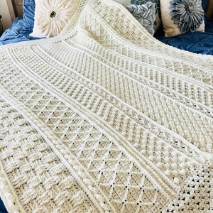 Celtic Splendor Afghan, Top selling Ivory throw, Premium soft fluffy acrylic crochet blanket, Add cozy textured charm to sofa or bed, 55x61"