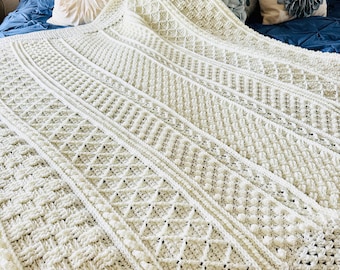 Handmade Ivory Crochet Throw Blanket - Celtic Cable Knit, 48x57”