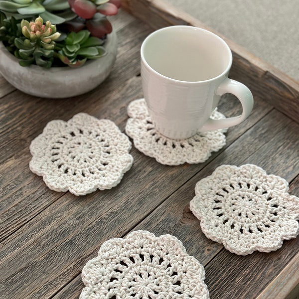 Whimsical Coaster Set of 4, Adorable Flower Crochet Coasters, Brighten Your Table with Farmhouse Charm, Natural, soft, & absorbent cup mats