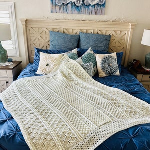 Celtic Splendor Afghan, Top selling Ivory throw, Premium soft fluffy acrylic crochet blanket, Add cozy textured charm to sofa or bed, 55x61"