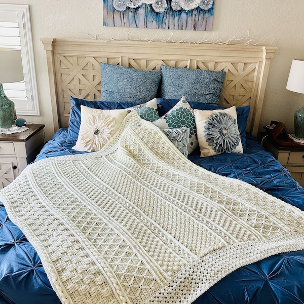 Celtic Splendor Afghan, Top selling Ivory throw, Premium soft fluffy acrylic crochet blanket, Add cozy textured charm to sofa or bed, 55x61"