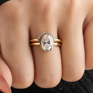 Oval Cut Colorless Moissanite Engagement Ring, Bezel Set Wedding Ring, Solitaire Bridal Ring Sets, 14K Solid Yellow Gold Curved Wedding Band