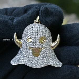 Cartoon Charm Snapchat Laughing Ghost Emoji Iced Out Man Made Diamonds Pendant or 14k Gold Finish Layered Iced Emoji Pendant,Cartoon Pendant