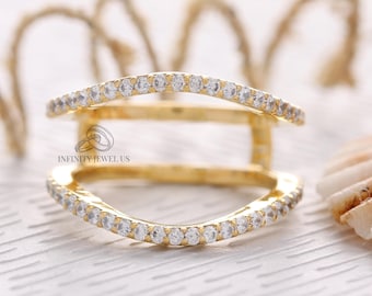 14K Solid Yellow Gold Aggie Ring, Round Colorless Moissanite Engagement Ring, Enhancer Wedding Band, Wrap Guard Ring Jacket, Contour Band