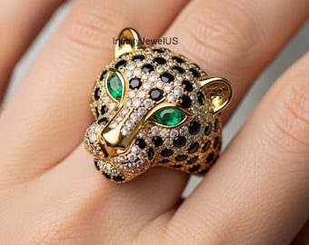 Green Eyes Leopard Ring, Black &White Round Panther Ring, Wild Cat Micro Pave Animal Inspired Ring, 14K Yellow Gold Animal Jewelry For Men's