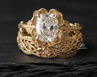 Unique Nature Inspired Bridal Set, Cushion Engagement Ring Set, Vintage Gold Leaf Vine Wedding Band,14K Gold Handmade jewelry gift for women