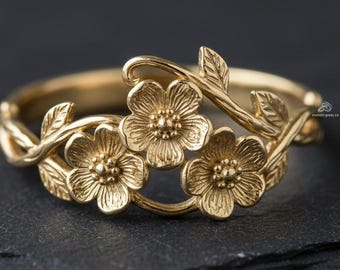 Anel floral em ouro maciço 14K, delicado anel com flores, joia inspirada na natureza, anel com folha botânica, presente minimalista para ela, joia feita à mão.