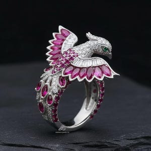 Rubin Phoenix Ring, Diamant Vogel Statement Ring, Rosa Edelstein Cocktail Ring, Fantasy Firebird Schmuck Geschenk für sie, einzigartiges Jubiläumsgeschenk