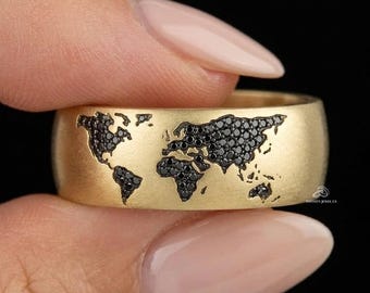 Anel Mapa Mundi, Aliança com Diamante Moissanita Preto Redondo, Presente para Amantes de Viagens, Aliança Masculina, Anel Feito à Mão, Anel em Ouro 14K para Aventureiros e Viajantes