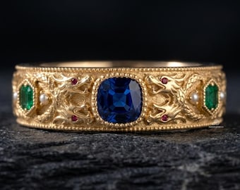 Art Nouveau Dragon Engraved Statement Ring, Sapphire&Emerald Gemstone Wide Band, Antique Engagement Ring for Women,14K Gold Handmade Jewelry