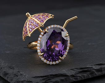 Anel exclusivo em formato de guarda-chuva para drinks, anel com halo oval roxo, anel de ametista para coquetéis e festas, anel de luxo marcante para festas, anel impactante para ela.