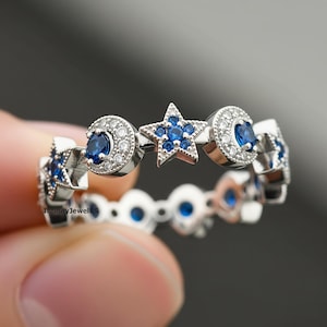 Antique Star & Moon Engagement Ring, Blue Sapphire Round Wedding Band, Celestial Stacking Band, 14K White Gold Crescent Dainty Eternity Band