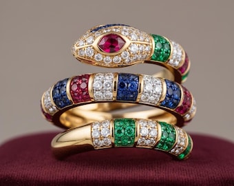 Unique Finger Wrap Snake Ring, Multi Gemstone Spiral Party Wear Ring, Elegant Luxury Statement Jewelry, Unique Serpent Design, 14K Gold Ring