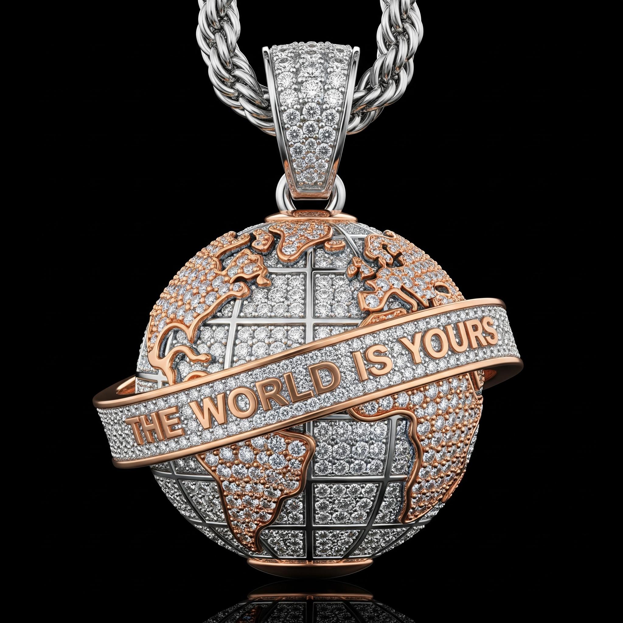 Iced Out Diamond Earth Pendent, The World Is Yours Globe Pendant, Round Micro Pave Stone Hip Hop Two Tone Pendent, Statement Gift for Him, image size:2048x2048