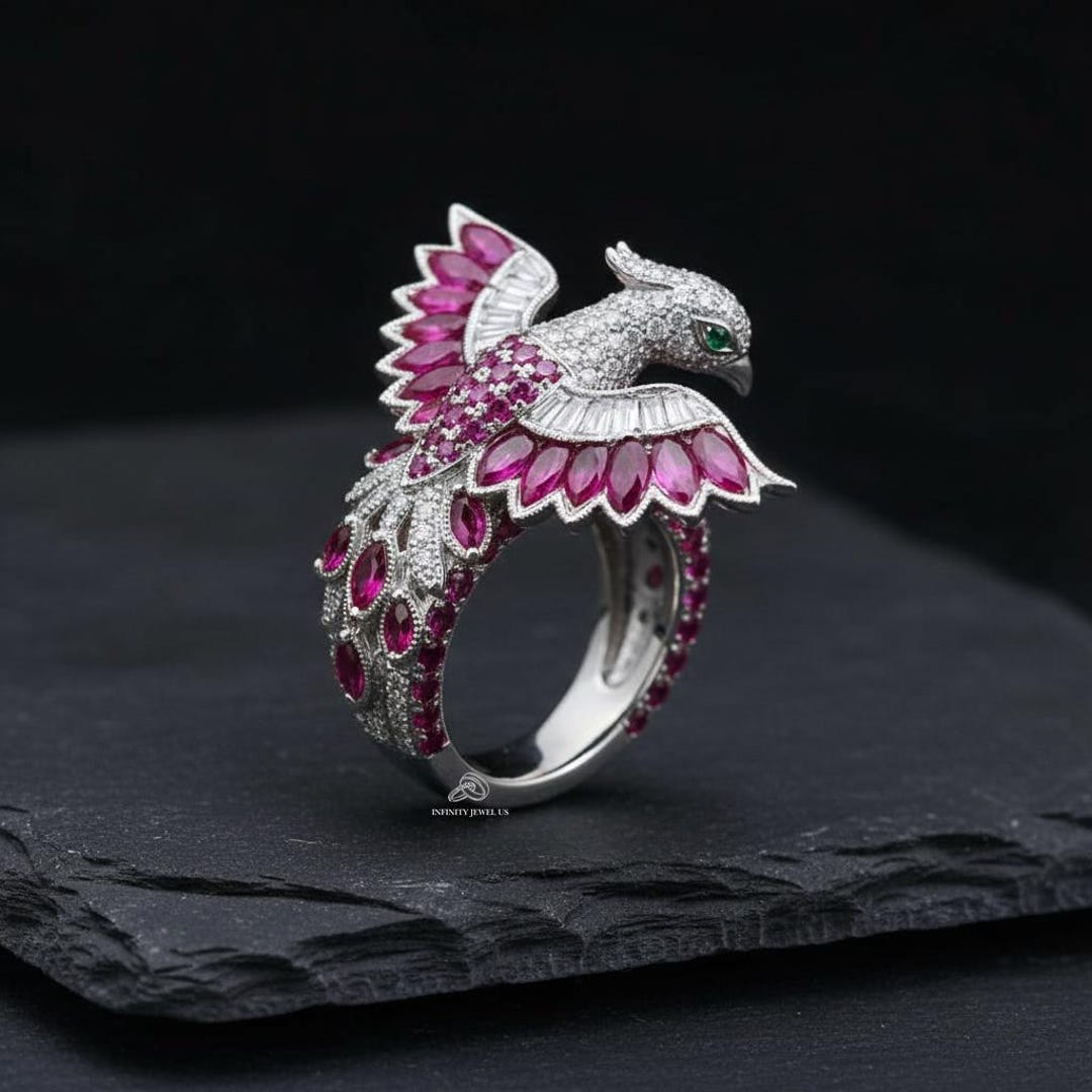 Ruby Phoenix Ring, Diamond Bird Statement Ring, Pink Gemstone Cocktail ...