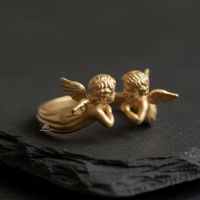 Cherub Angel Adjustable Ring, Vintage Inspire Cupid Lovers Jewelry, Romantic Gift For Her, Matte Statement Ring,14K Gold Handmade Style Gift