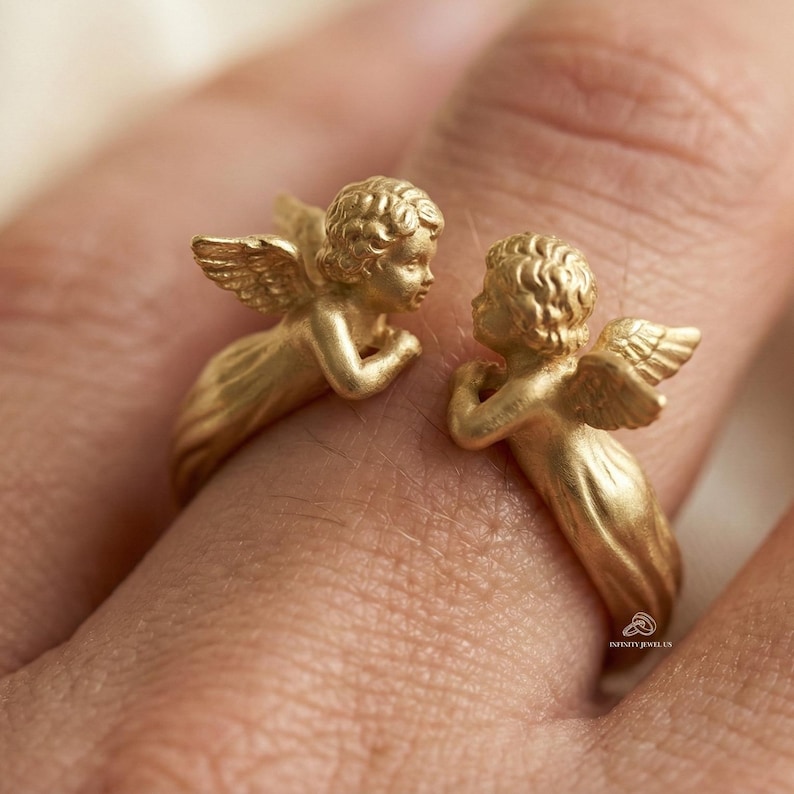 Cherub Angel Adjustable Ring, Vintage Inspire Cupid Lovers Jewelry, Romantic Gift For Her, Matte Statement Ring,14K Gold Handmade Style Gift