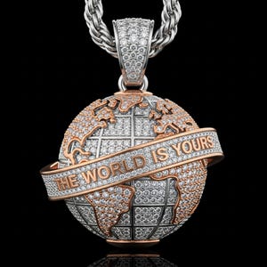 Iced Out Diamond Earth Pendent, The World Is Yours Globe Pendant, Round Micro Pave Stone Hip Hop Two Tone Pendent, Statement Gift for Him