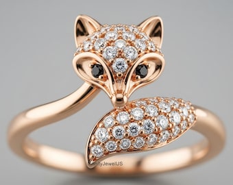 Unique Black Eyes Fox Ring, Round Moissanite Party Wear Ring, Micro Pave Bypass Ring, Animal Inspired Ring, 14K Gold Ring For Animal Lover's