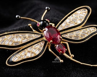 Luxury Dragonfly Brooch Pin, Ruby Red Insect Brooch, Dragonfly Jewelry, Art Deco Statement Pin Gift for Women, Brooch for Dress and Blazer