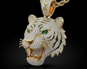 Tiger Ice Outed Ice Pendent, Round Cut Micro Pave Hip Hop Pendent, Tiger Head Pendant, Iced Out Animal Pendent, Animal Inspired Jewelry