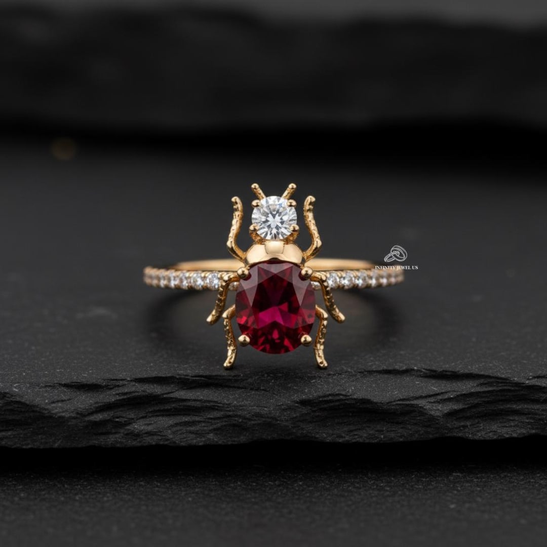 Unique Lady Bug Ring, Red Ruby Oval Cut Lab Grown Diamond Ring, Nature ...