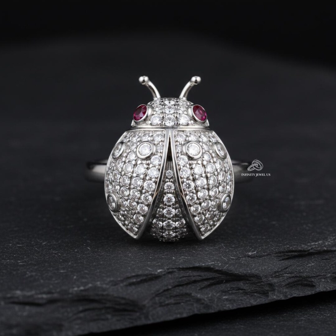 Ladybug Ruby Eyes Diamond Ring, Round Cut Cocktail Party Wear Ring ...