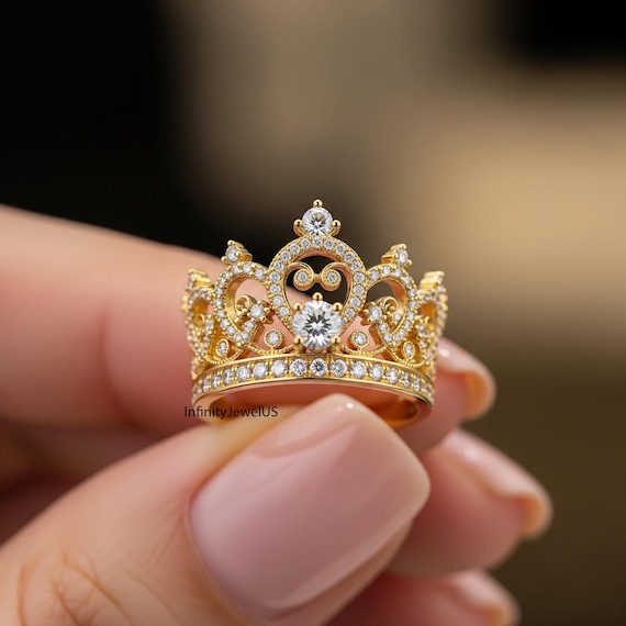 Antique Diamond Crown Ring, Round Moissanite Engagement Ring