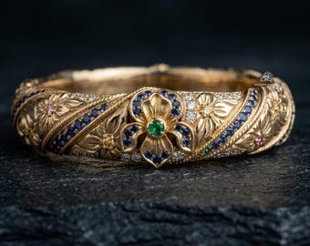 Vintage Art Deco Leaf Pattern Ring, Multi Gemstone Engagement Ring, Art Nouveau Filigree Wedding Band, 14K Solid Gold Victorian Gift For Her