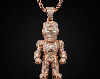 Iron Man Ice Outed Pendant, Round Micro Pave Pendent, Hip Hop Superhero Pendent, Custom Cartoon Character Pendent, Marvel Jewelry For Men