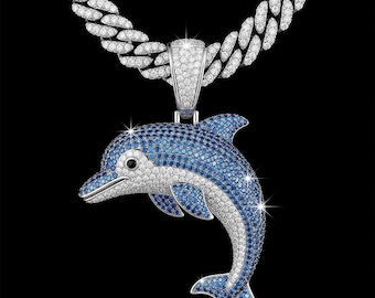 Dolphin Iced Out Pendant, Blue Sapphire &White Round Cut Micro Pave Hip Hop Pendent, Beach Style Jewelry, Hip Hop Jewelry For Statement Gift