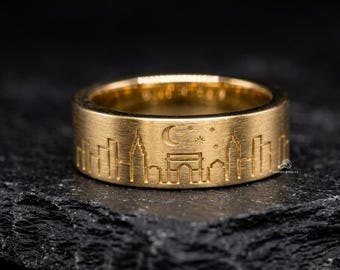 Aliança de casamento com o horizonte de Nova York, anel com paisagem urbana, anel gravado com a cidade de Nova York, aliança de casamento masculina personalizada, anel personalizado com cidade, anel de viagem em ouro 14K