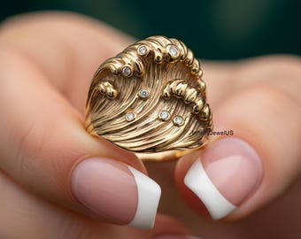 Ocean Wave Style Statement Ring, Round Moissanite Cocktail Party Ring, Unique Beach Wave Ring, 14K Yellow Gold Sea Wave Style Ring For Gift