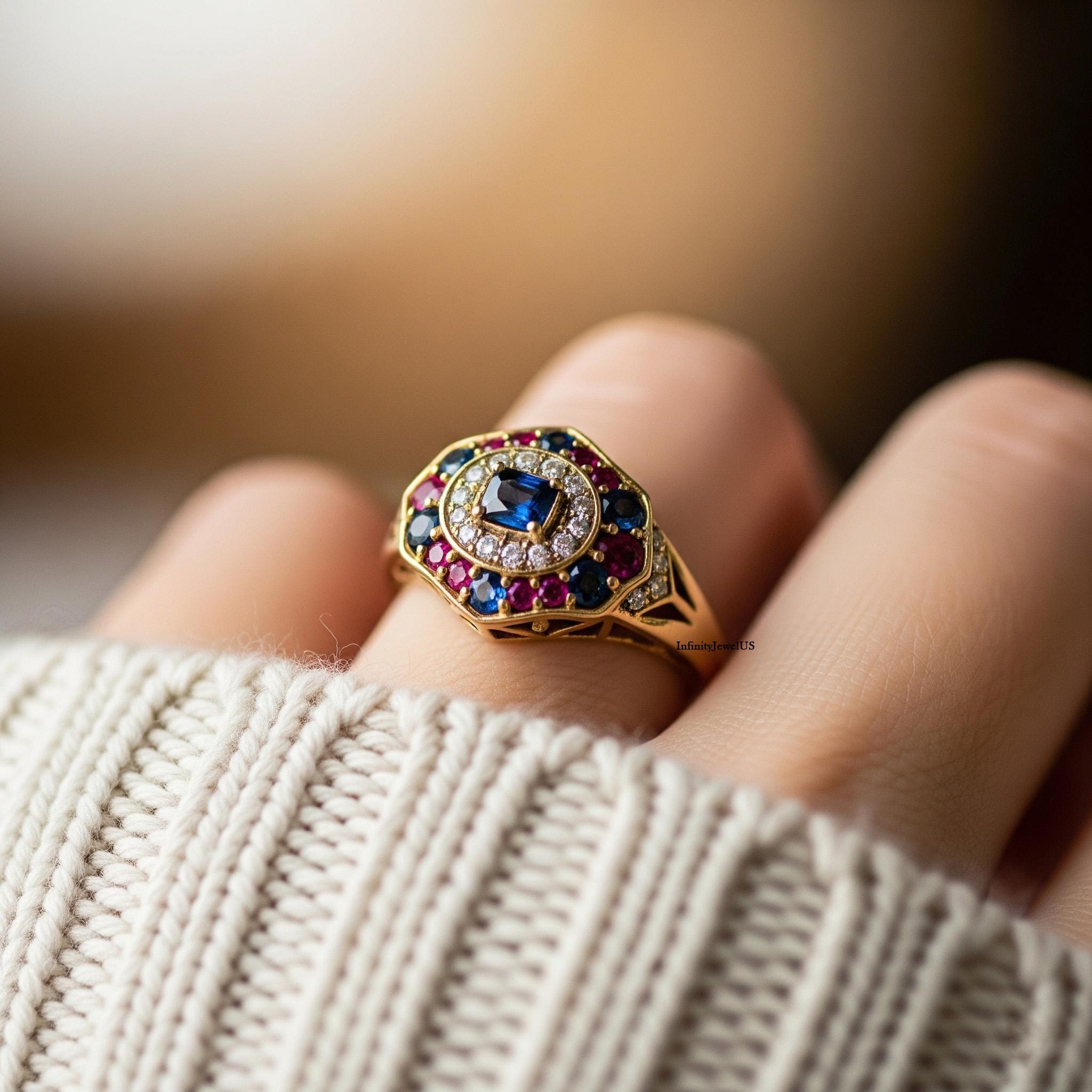 Vintage Art Wedding Ring, Blue Sapphire Cushion Engagement Ring, Antique Multi Gemstone Cluster Ring, 14K Yellow Gold Halo Split Shank Ring