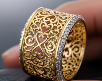 Antique Filigree Art Wide Wedding Band, Round Moissanite Engagement Ring, Open Work Vintage Art Band, Two Tone Gold Stackable Band For Women