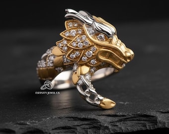 Luxury Men’s Dragon Ring, Round Moissanite Panther Ring, Dragon Head Ring, Viking Dragon Ring, Statement Ring for Men, Statement Dragon Ring