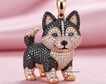 Cute Shiba Inu Dog Pendant, Black & White Moissanite Round Cut Hip Hop Pendent, Cute Animal Inspired Charm Pendent, Gift for Pet Lover's