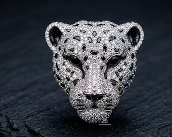 Broche de Leopardo de Luxo, Broche Cabeça de Pantera com Diamantes Pretos e Brancos, Broche de Alta Costura, Acessório de Joia de Designer com Tema Animal
