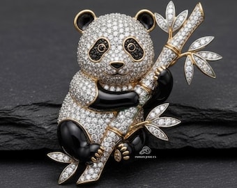 Lovely Animal Panda Brooch, Panda Brooch, Bamboo Panda Pin, Designer Statement Brooch, Unique Luxury Accessories, High End Fashion Jewelry