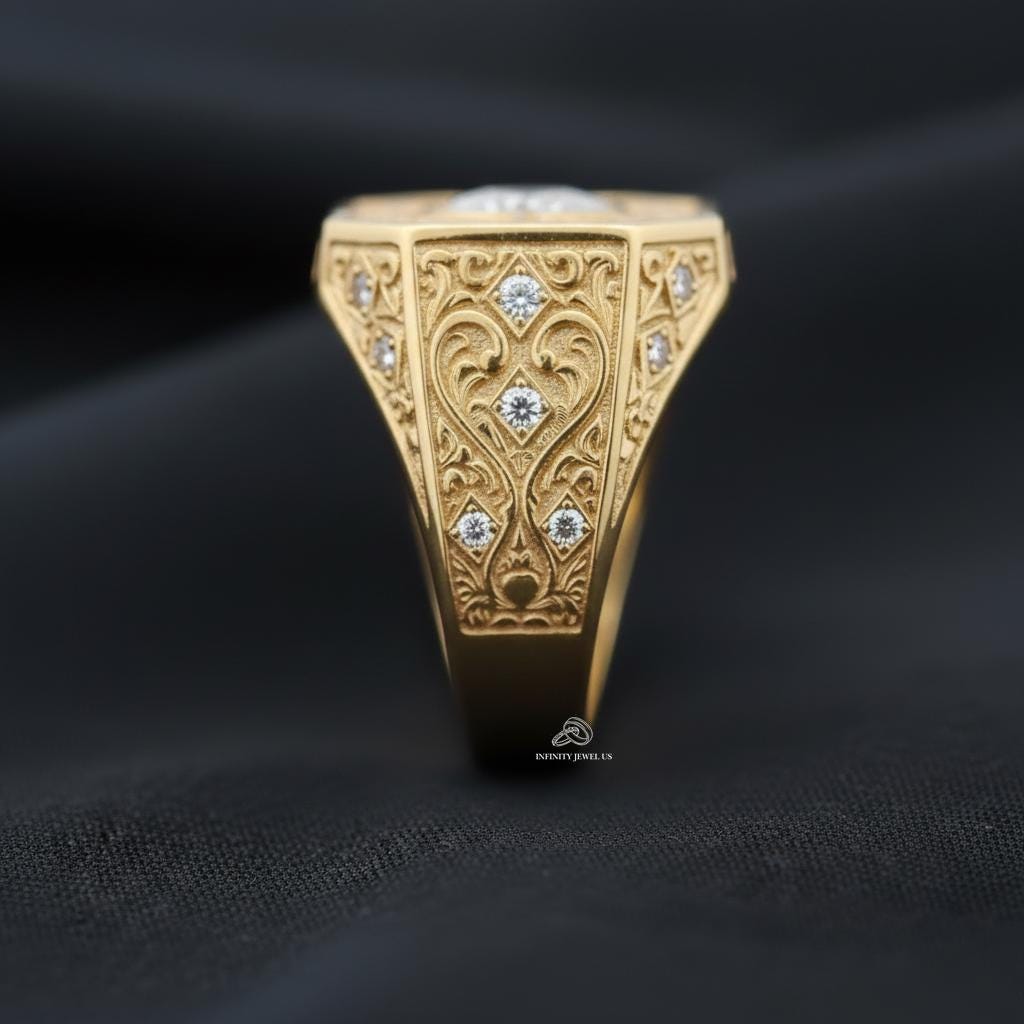 Gold Customary Rings Luxury 14K Gold Men Signet Ring, Round Moissanite Engraved Ace of Spade ...