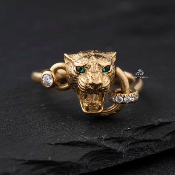 Emerald Eyes Jaguar Shape Ring, Round Cut Panther Ring, Luxury Leopard Animal Inspired Ring, 14K Yellow Gold Bold Statement Jewelry Gift