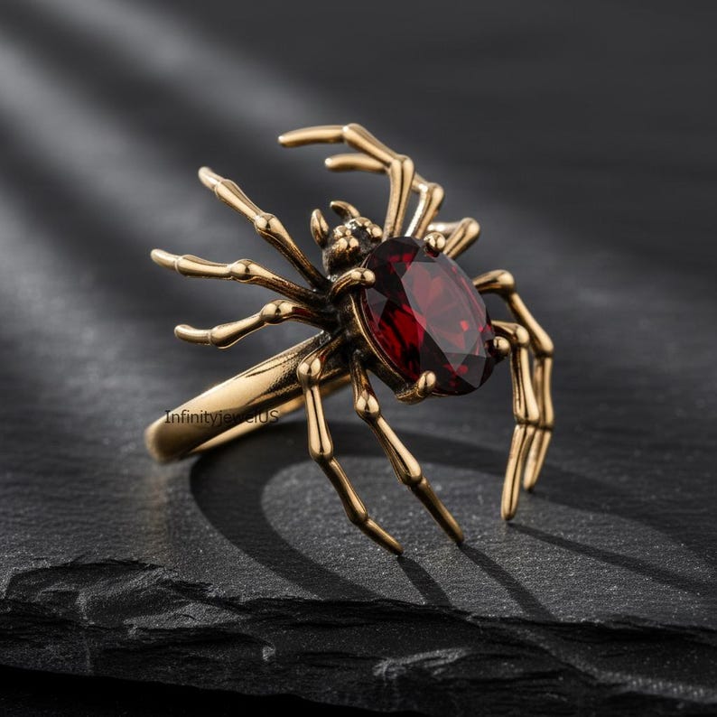 Red Gemstone Spider Ring, Red Ruby Oval Cut Halloween Ring, Gothic Gold ...