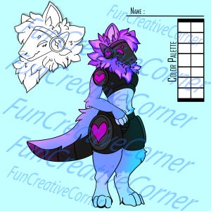 May include: A digital art illustration of a furry character with a wolf-like appearance. The character is primarily blue with purple accents, wearing black armor and a headset. A color palette and a line drawing of the character's head are also included.