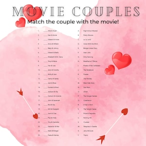 May include: A pink and white printable game with a list of movie couples and their corresponding movies. The game is titled "Movie Couples" and includes instructions to match the couple with the movie. The game features a pink background with red hearts and arrows.