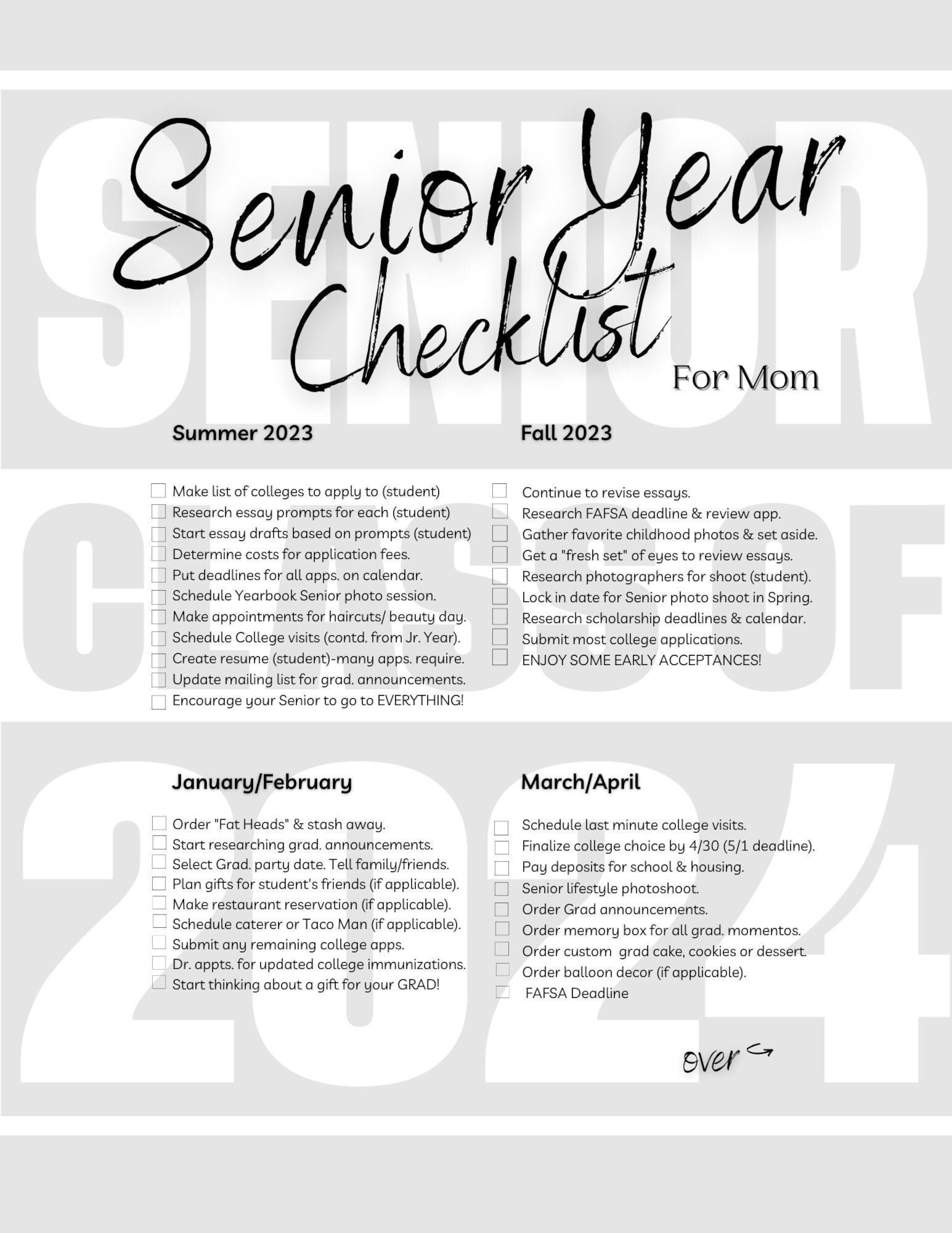Senior 2024, Class of 2024, Senior Year Checklist, Senior Mom 2024 Etsy